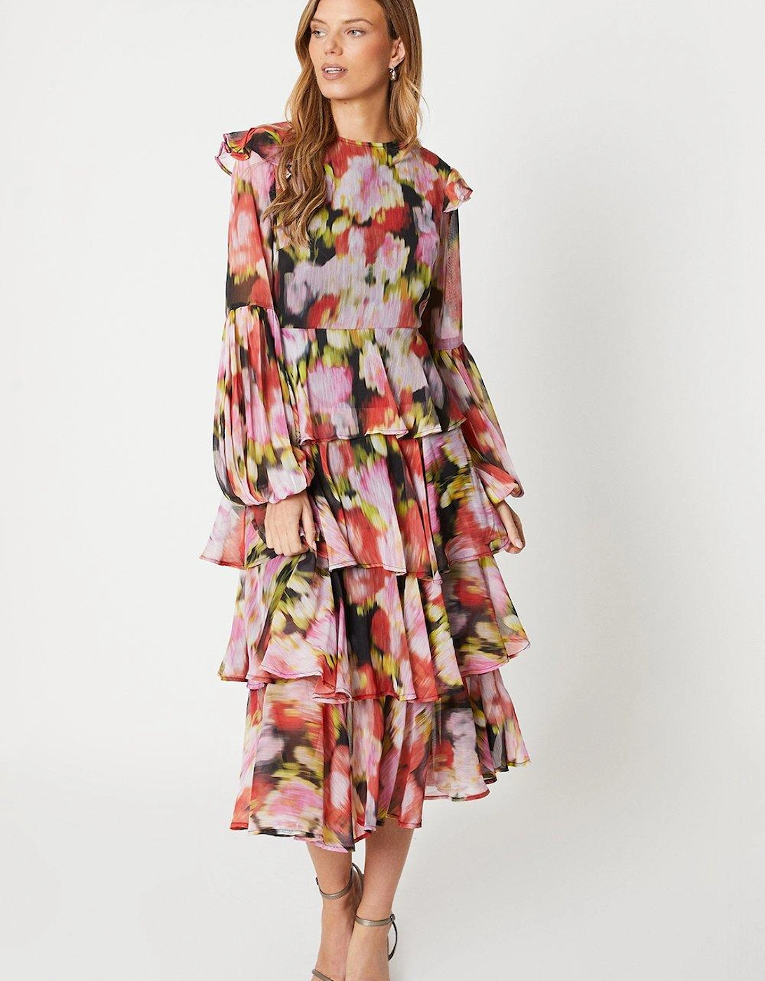 Printed Tiered Skirt Long Sleeve Midi Dress, 5 of 4