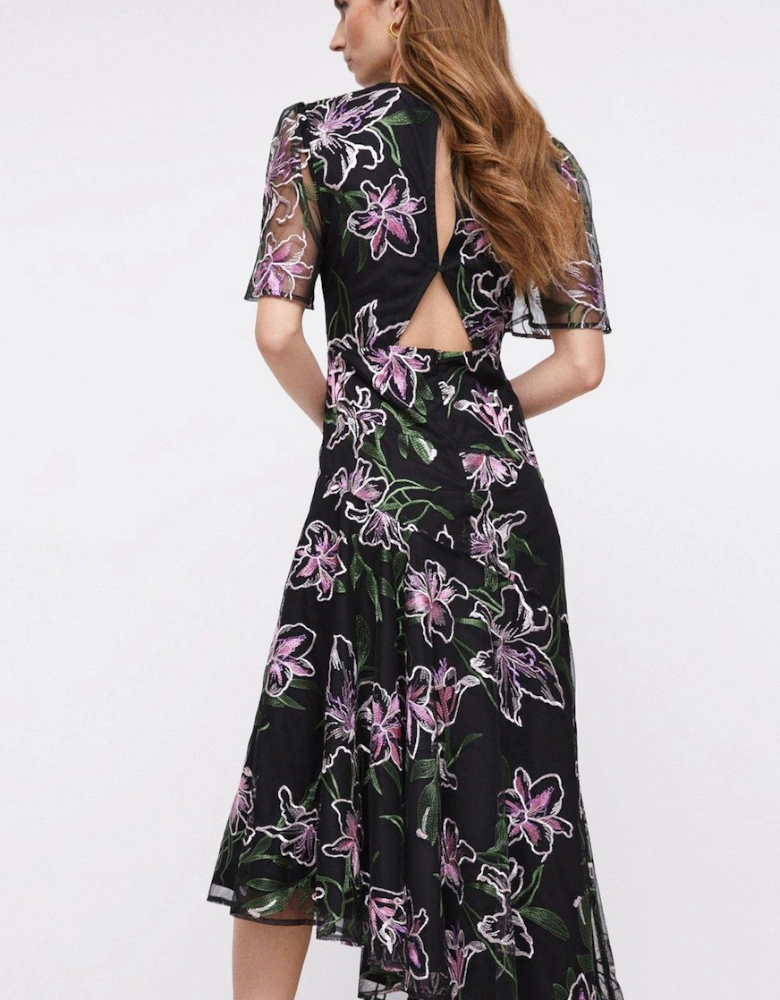 Lily Embroidered Mesh Cut Out Back Midi Dress