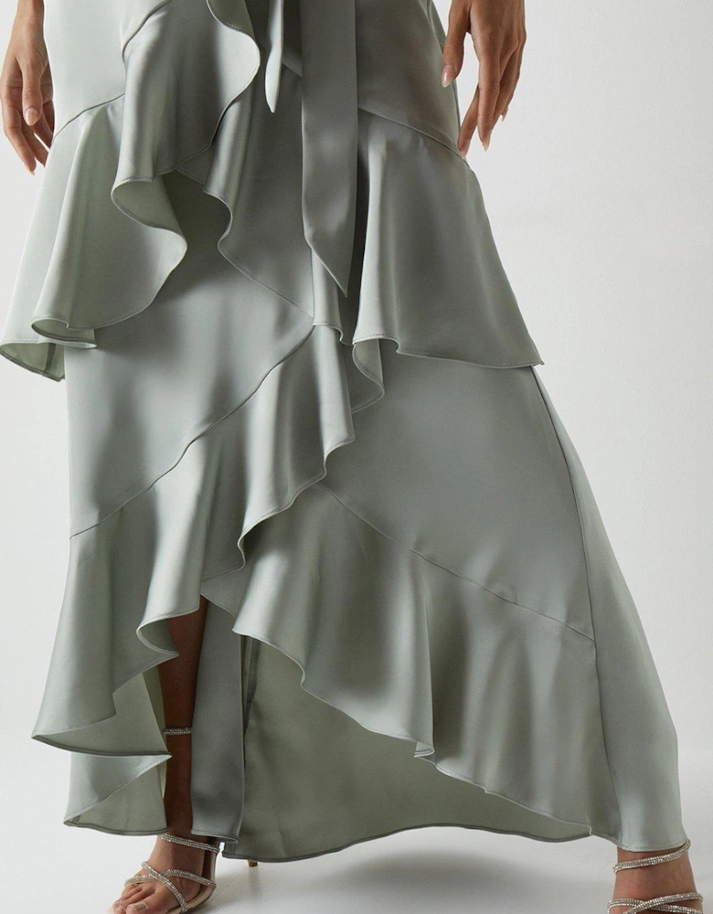 Wrap Front Waterfall Satin Fishtail Maxi Dress