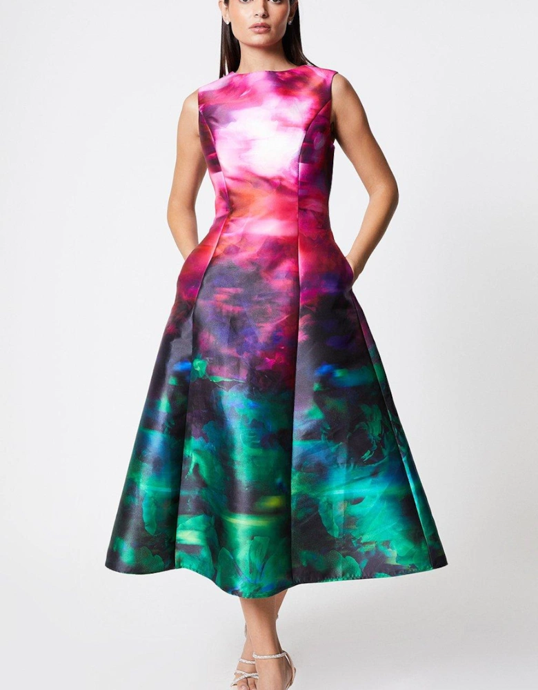 Sleeveless Printed Twill Midi Dress