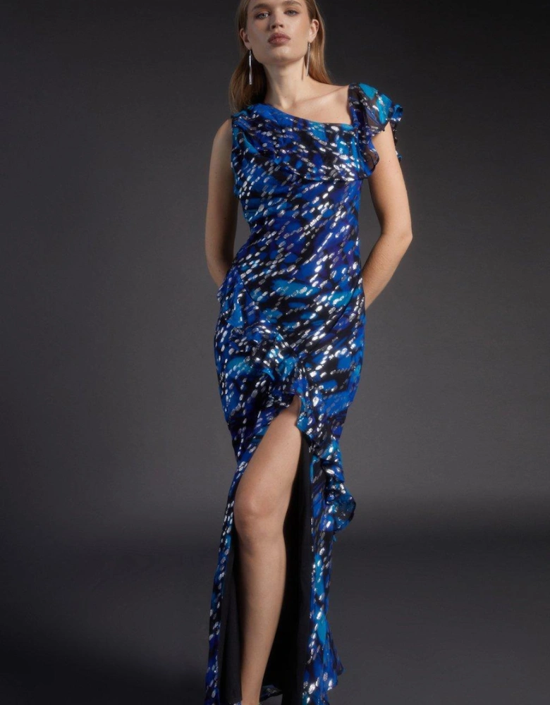 Julie Kuyath One Shoulder Metallic Maxi Dress