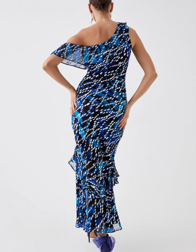 Julie Kuyath One Shoulder Metallic Maxi Dress