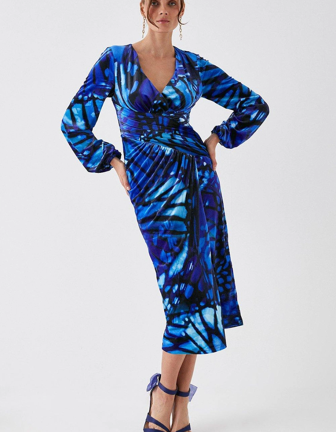 Julie Kuyath Printed Velvet Long Sleeve Midi Dress