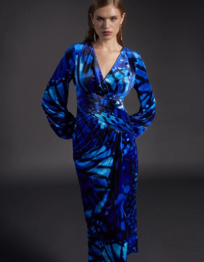 Julie Kuyath Printed Velvet Long Sleeve Midi Dress