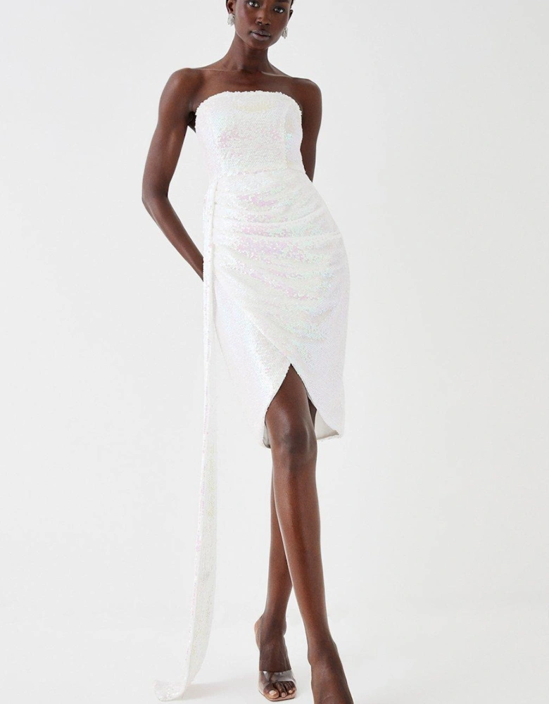 Iridescent Statement Drape Detail Sequin Mini Dress
