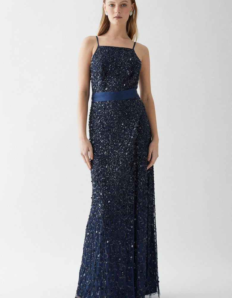 Strappy Sequin Wrap Skirt Bridesmaids Dress With Belt