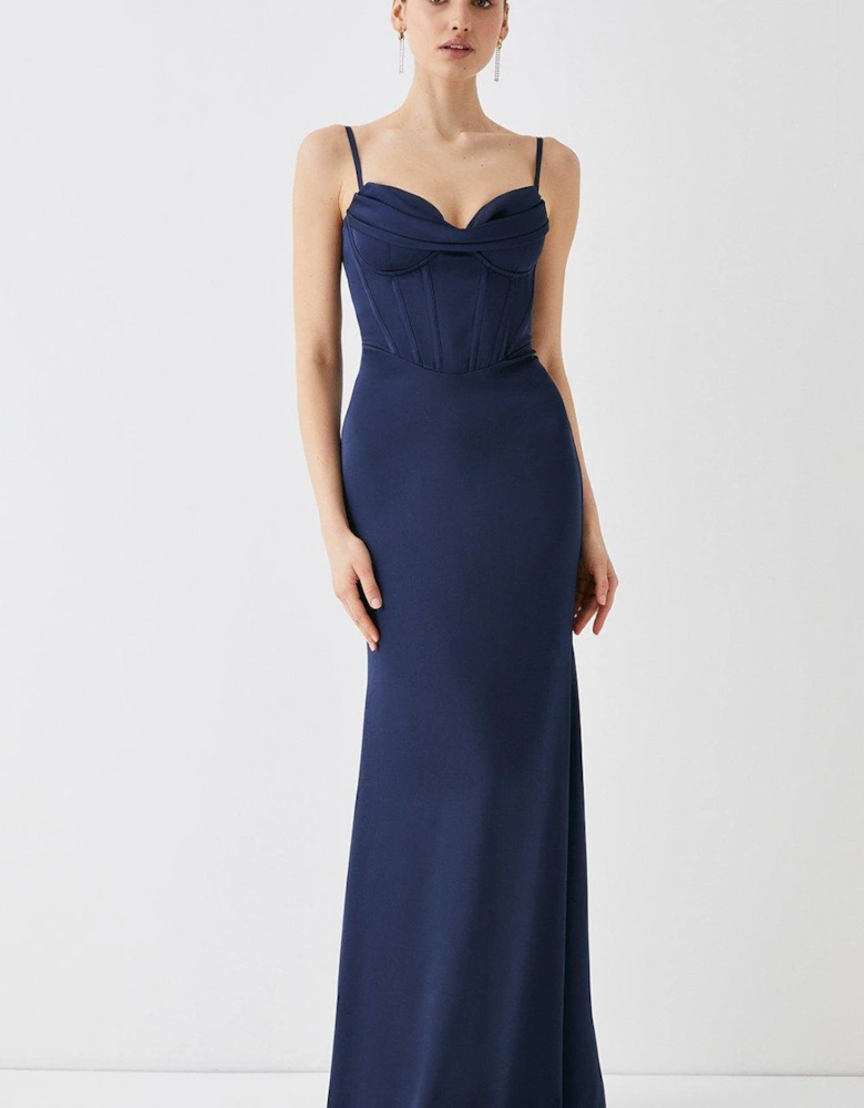 Cowl Detail Satin Maxi Dress With Corset