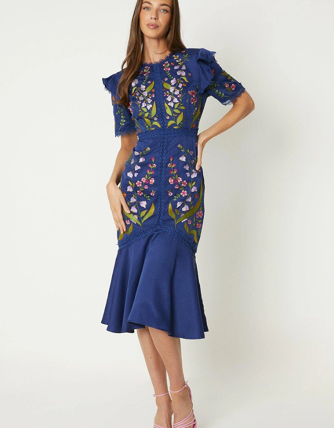 Embroidered Flute Hem Midi Dress With Lace Trim, 2 of 1