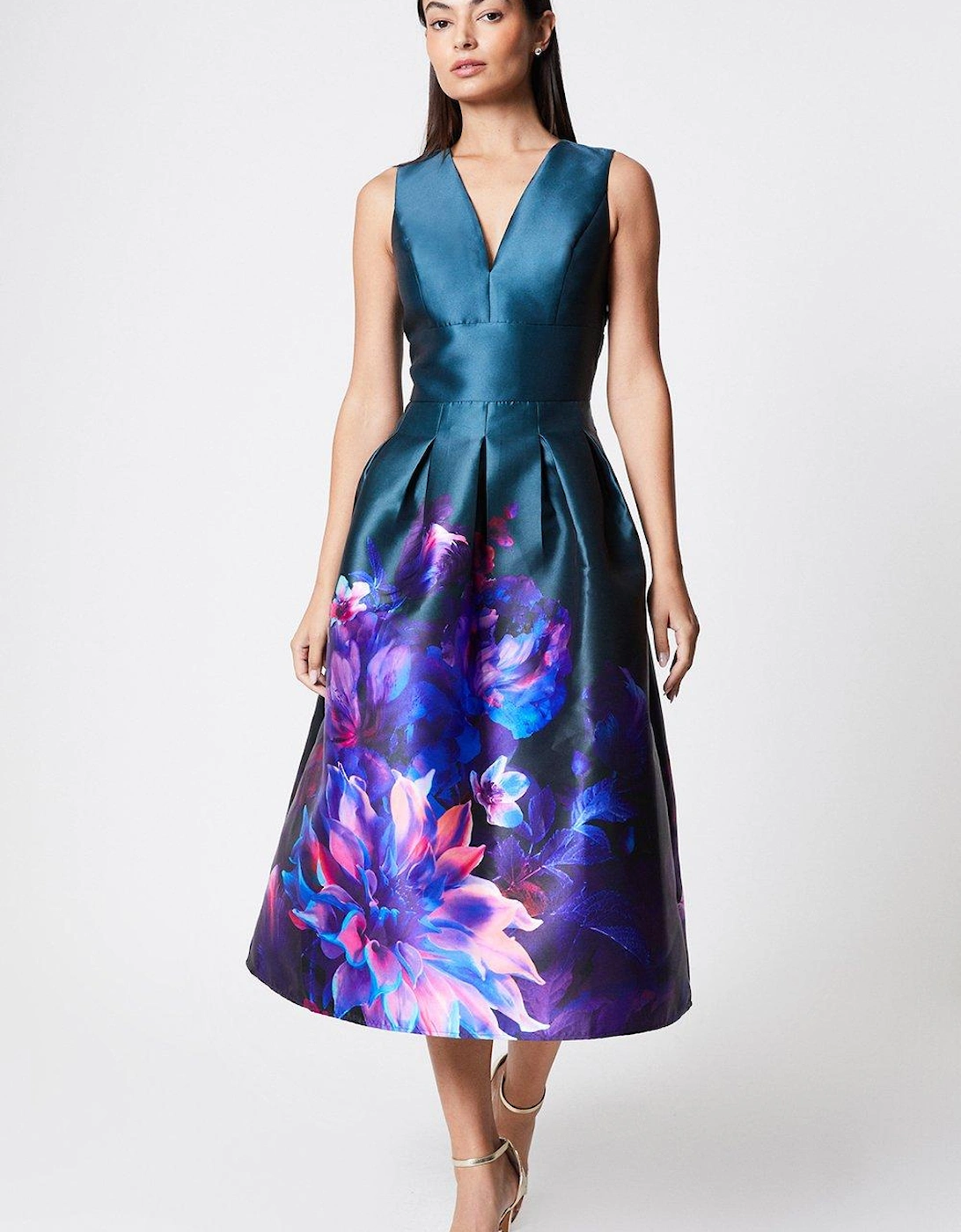 Plunge Neck Twill Dress With Placement Print, 4 of 3