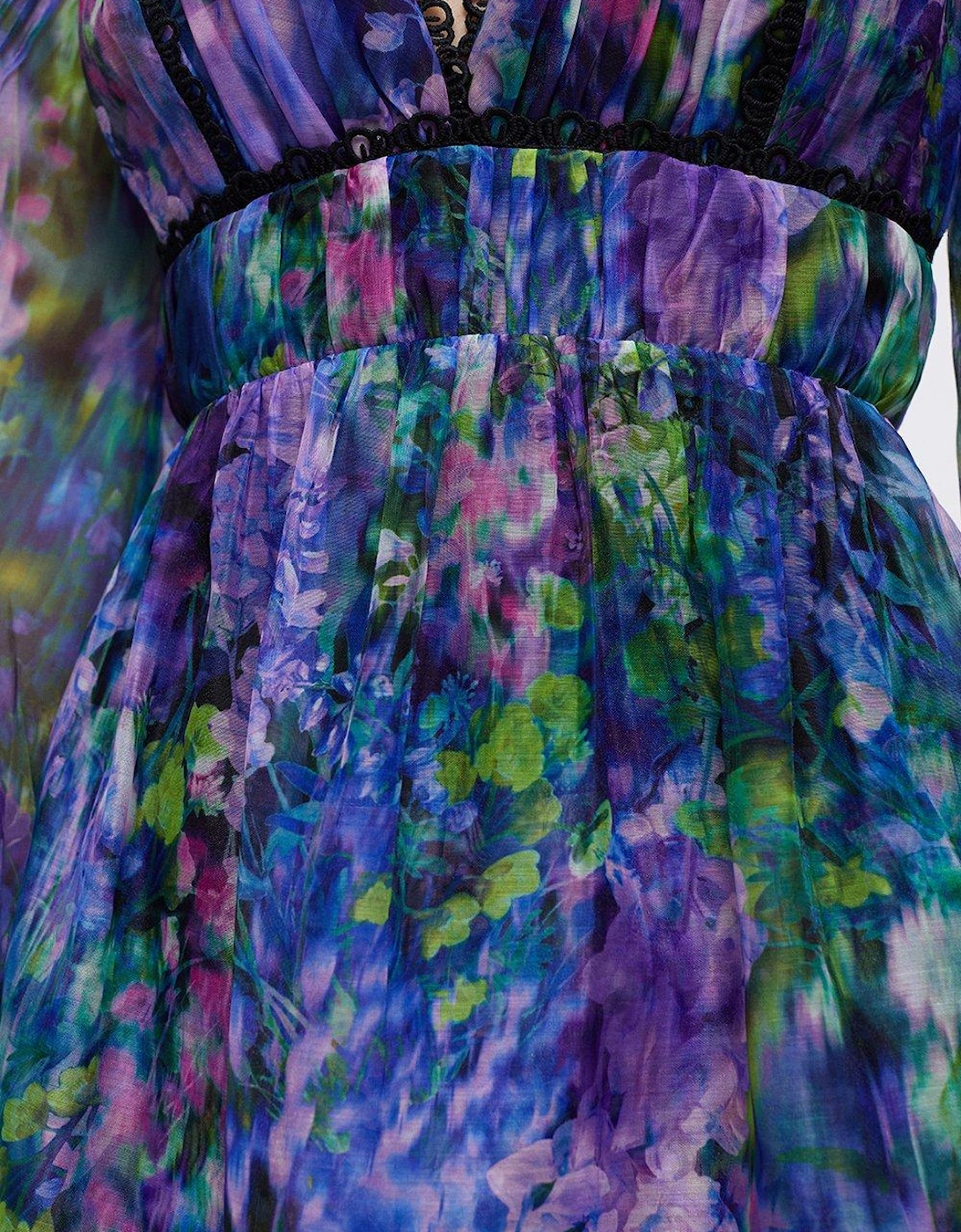 Floral Pleat Detail Placement Print Mini Dress