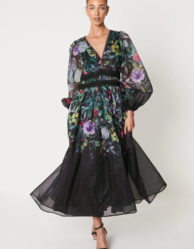 Organza Floral Placement Lace Trim Midi Dress