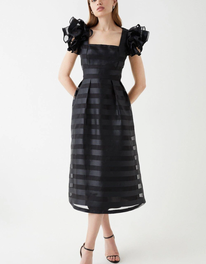 Frill Shoulder Stripe Organza Midi Dress