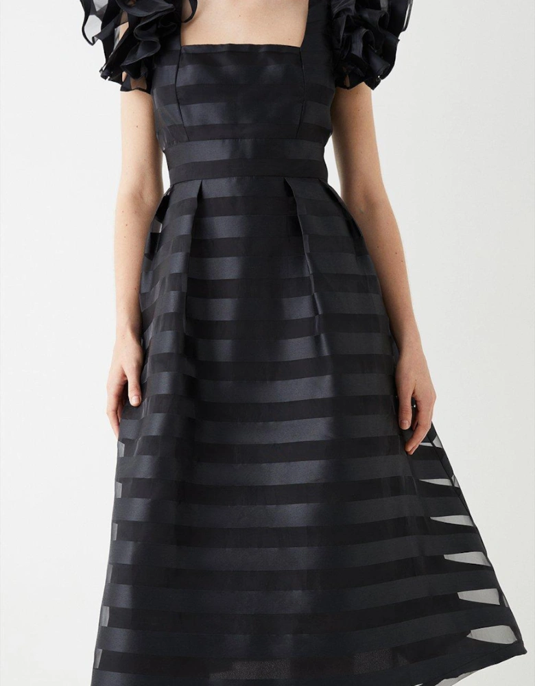 Frill Shoulder Stripe Organza Midi Dress