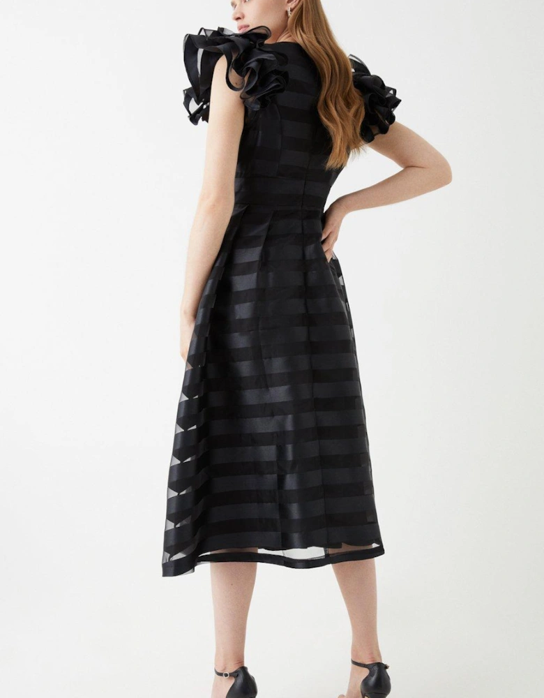 Frill Shoulder Stripe Organza Midi Dress