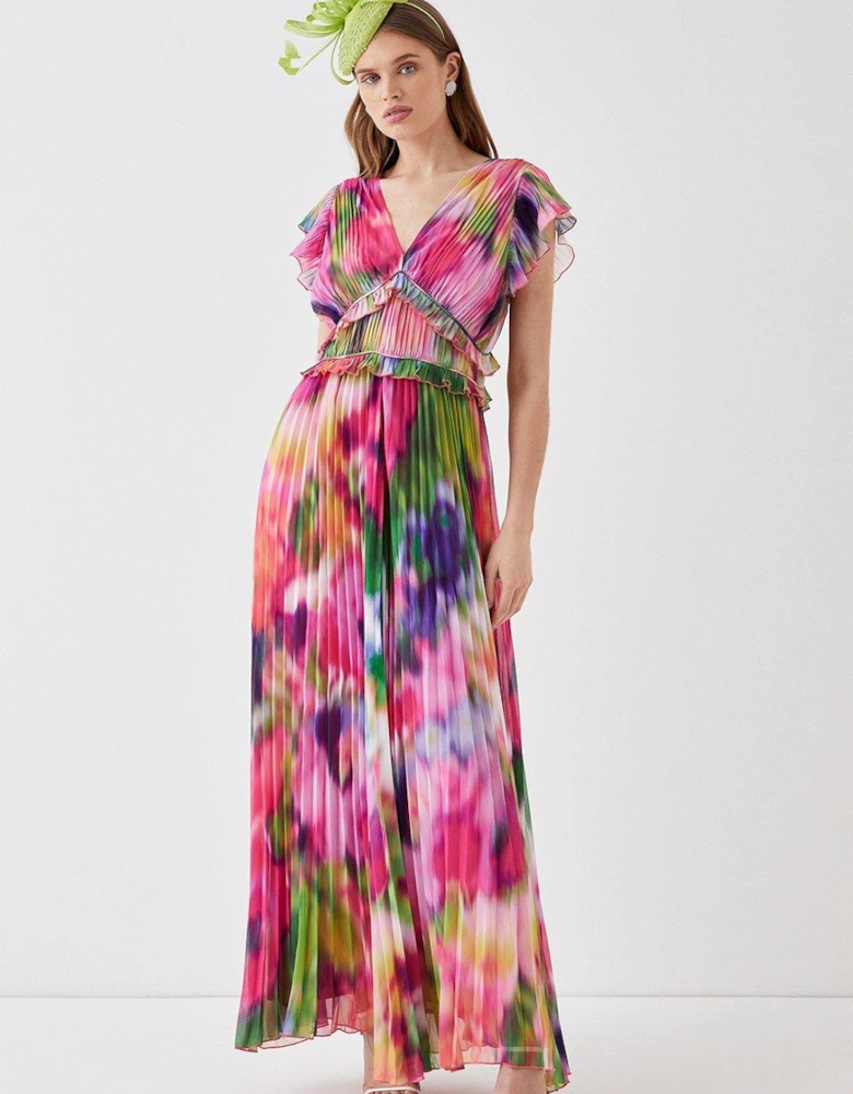 All Over Pleated Printed Maxi Dress