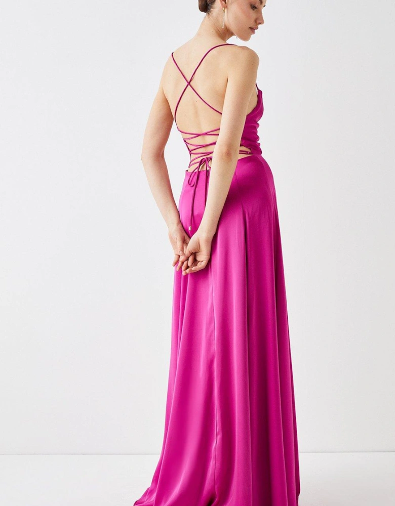 Cowl Neck Satin Maxi Prom Dress With Strappy Back