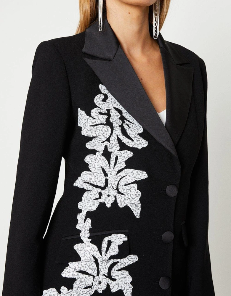 Tailored Long Line Blazer With Floral Sequin Detail