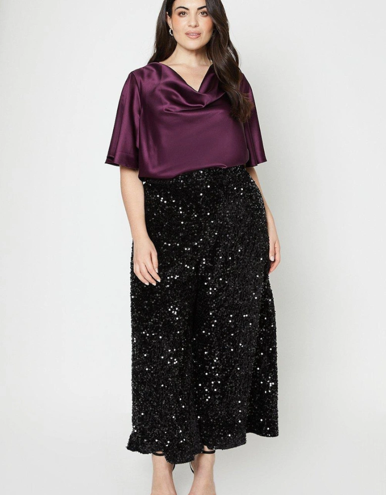 Plus Flare Sleeve Cowl Neck Satin Top