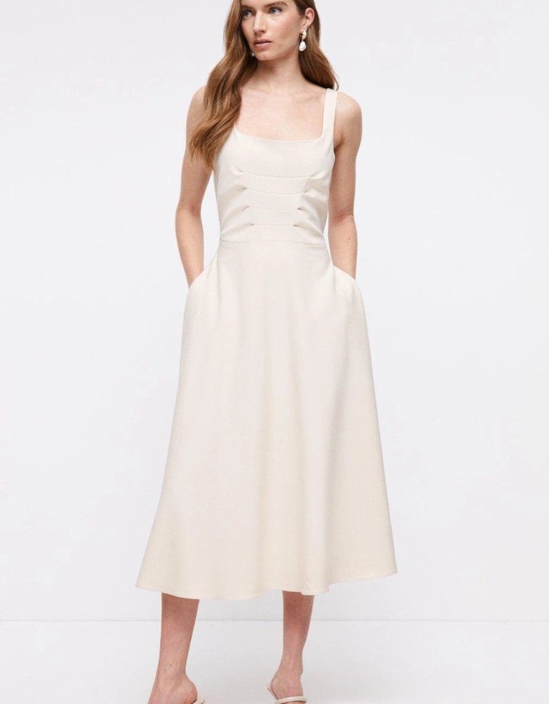 Premium Pleat Bodice Midi Dress With Full Skirt