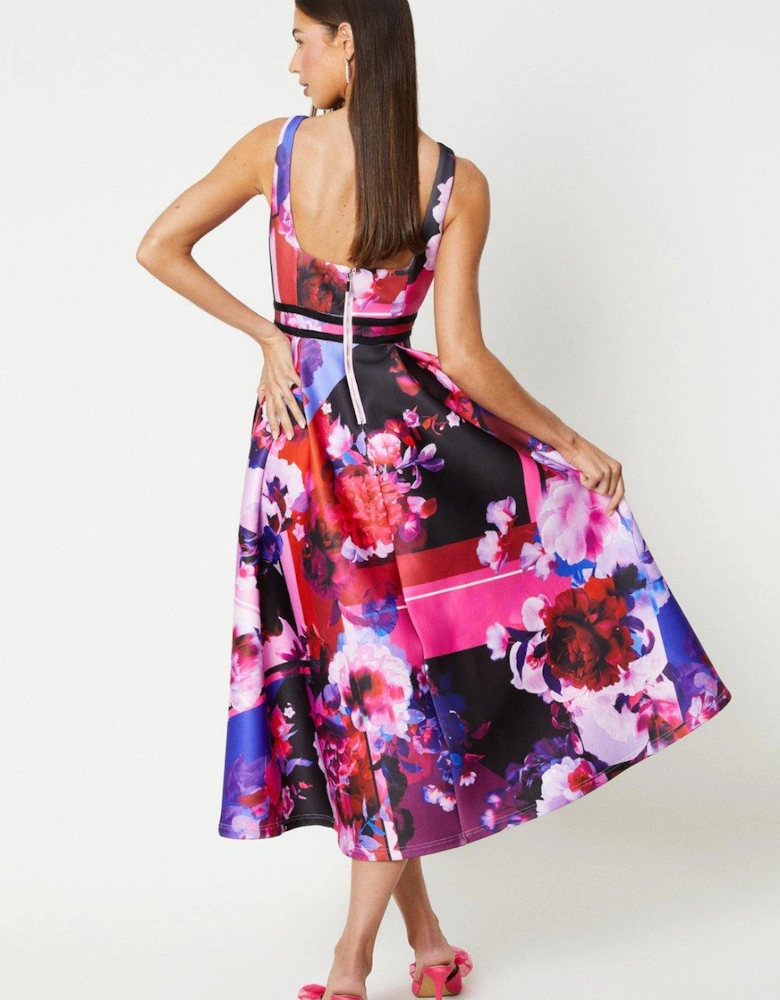 Contrast Trim Floral Scuba Midi Dress