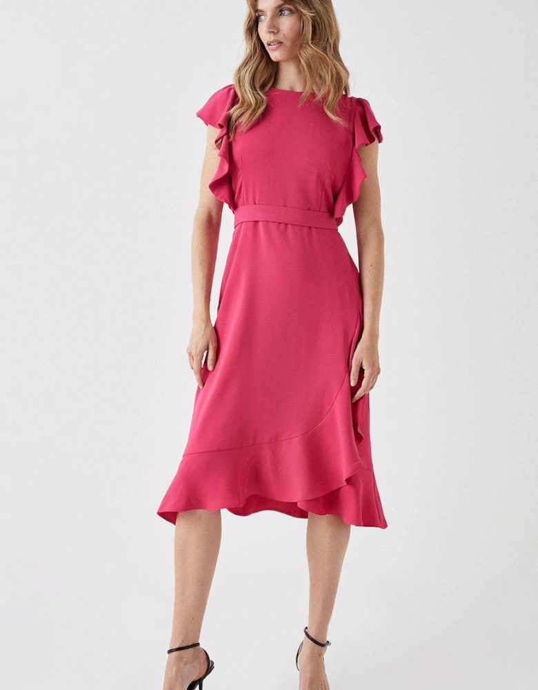 Ruffle Sleeve Tie Waist Midi Dress