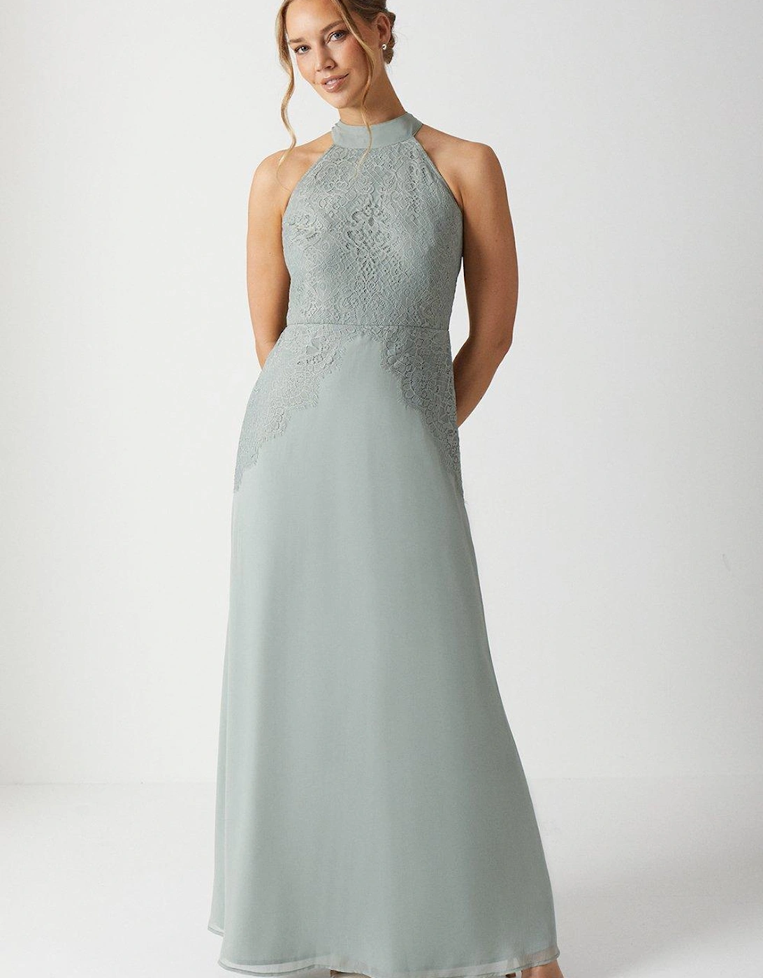 Halterneck Lace Insert Chiffon Bridesmaids Maxi Dress, 2 of 1