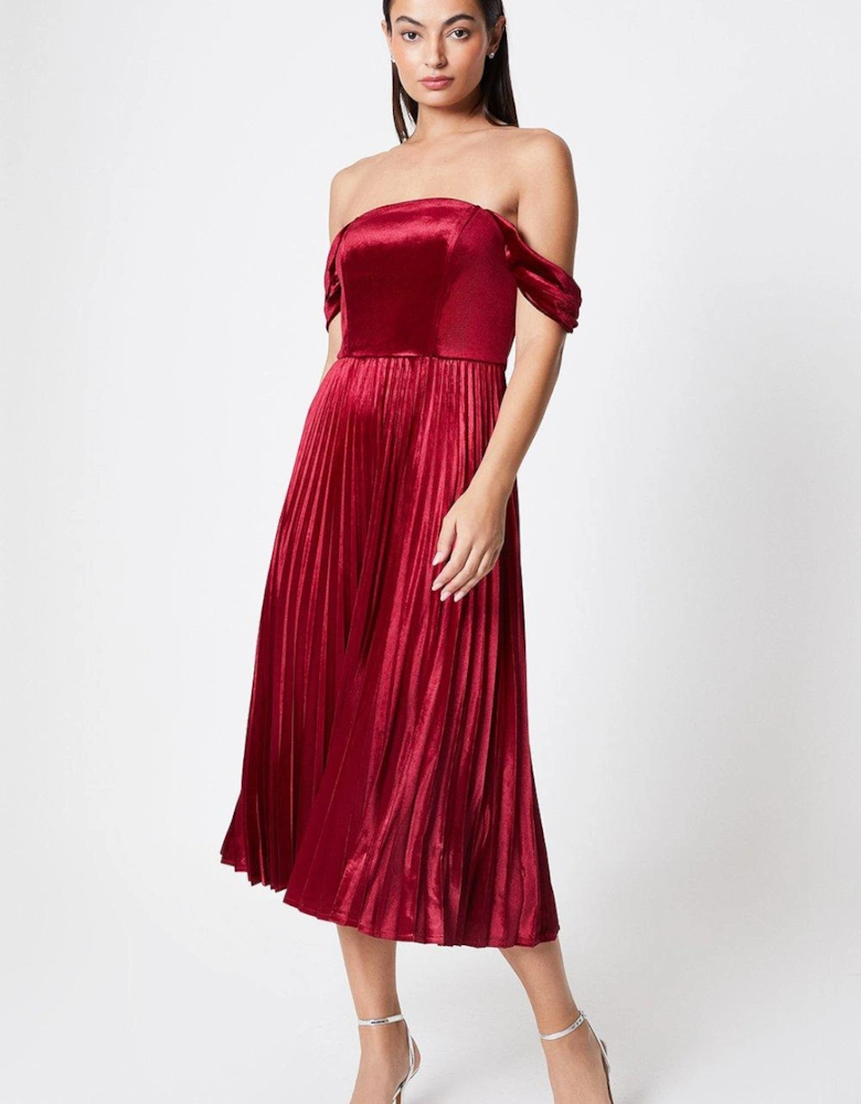 Velvet Bardot Drape Sleeve Pleated Dress