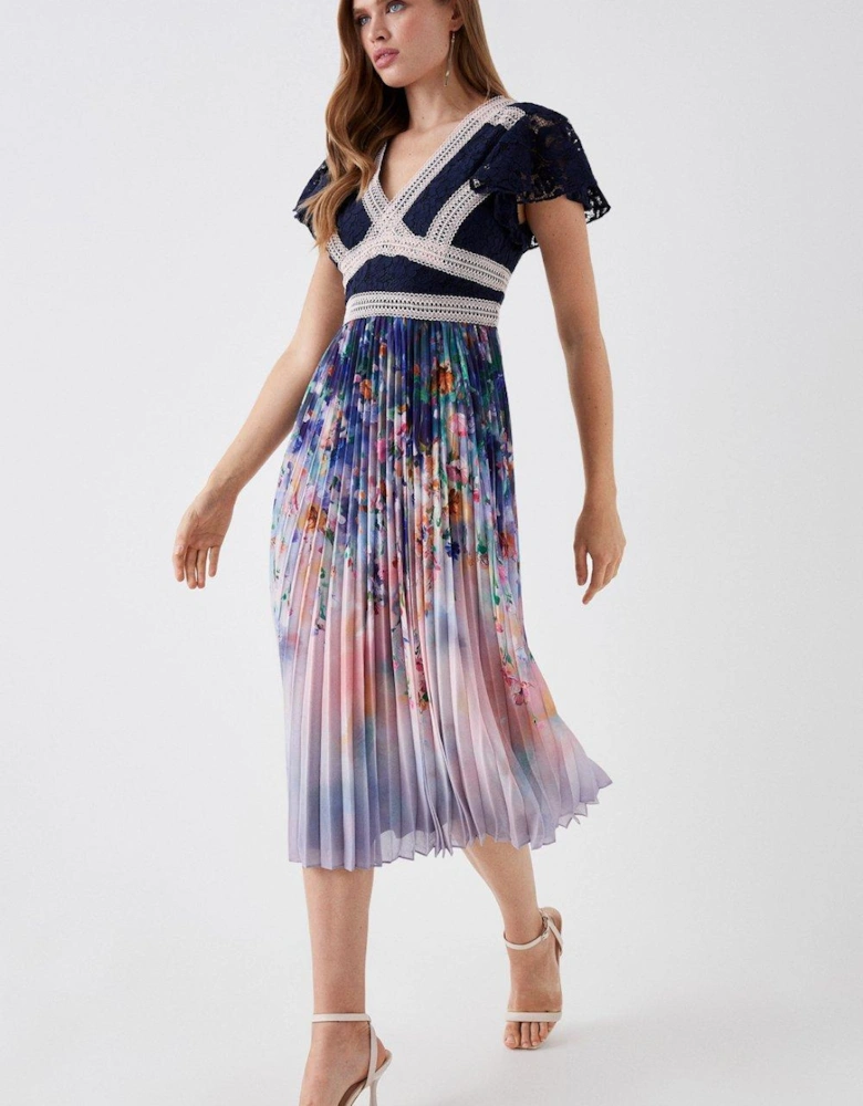 Petite Lace Top Pleated Skirt Midi Dress