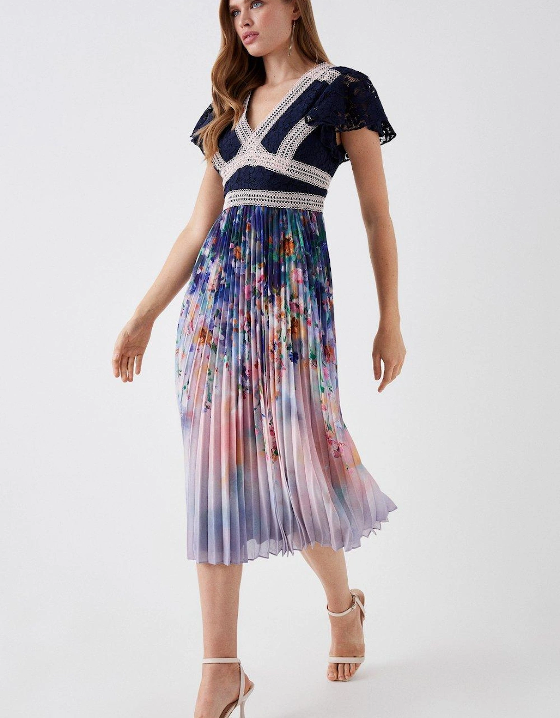 Petite Lace Top Pleated Skirt Midi Dress, 2 of 1