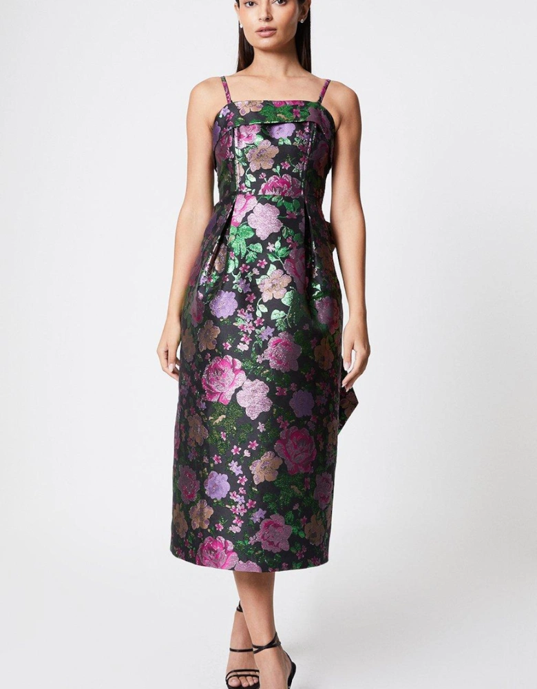 Bow Back Strapless Pencil Dress In Jacquard