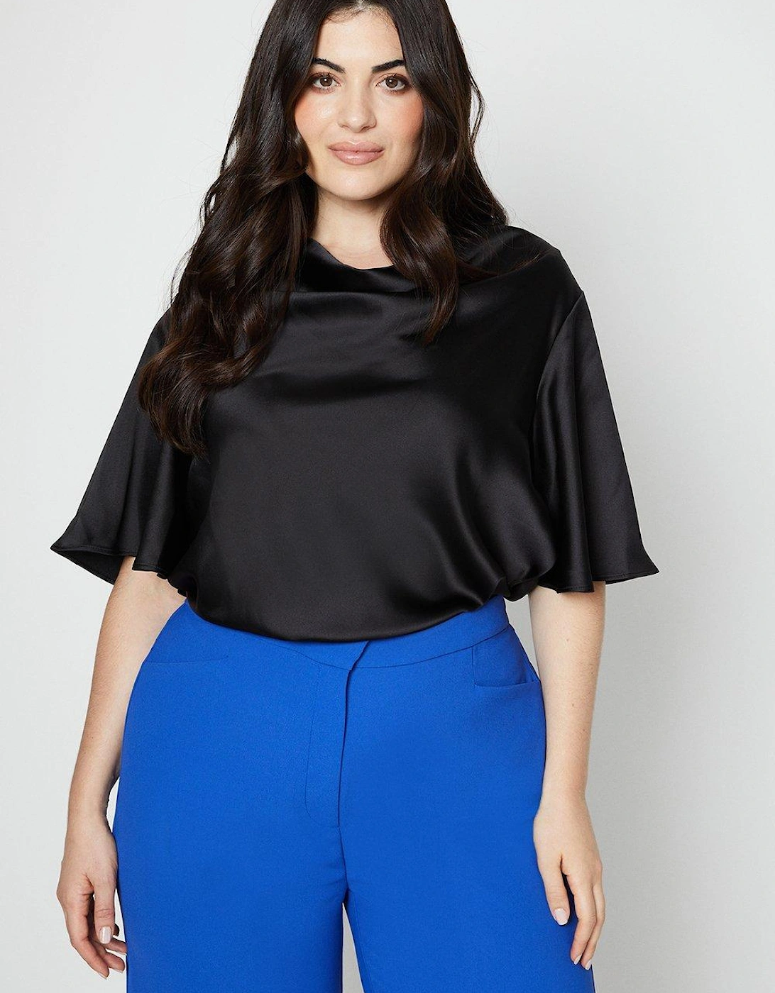 Plus Flare Sleeve Cowl Neck Satin Top, 4 of 3