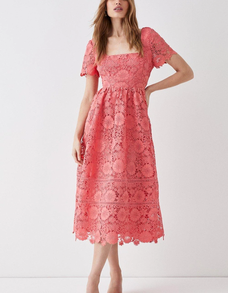 Square Neck Lace Dress With Short Sleeve