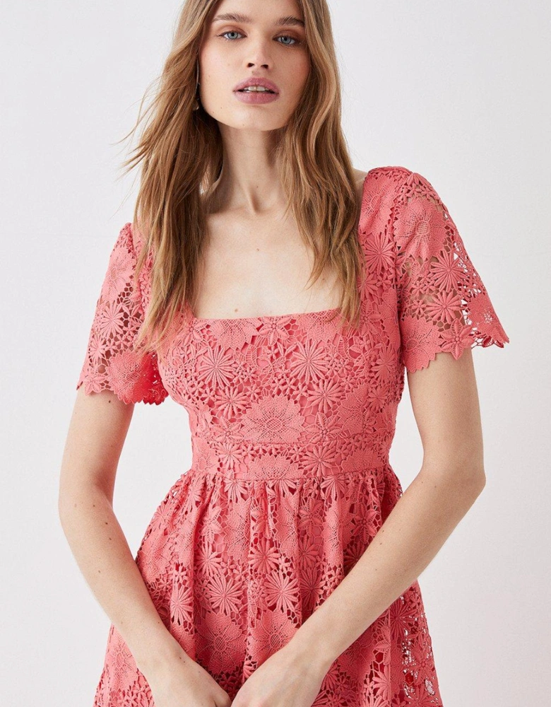 Square Neck Lace Dress With Short Sleeve