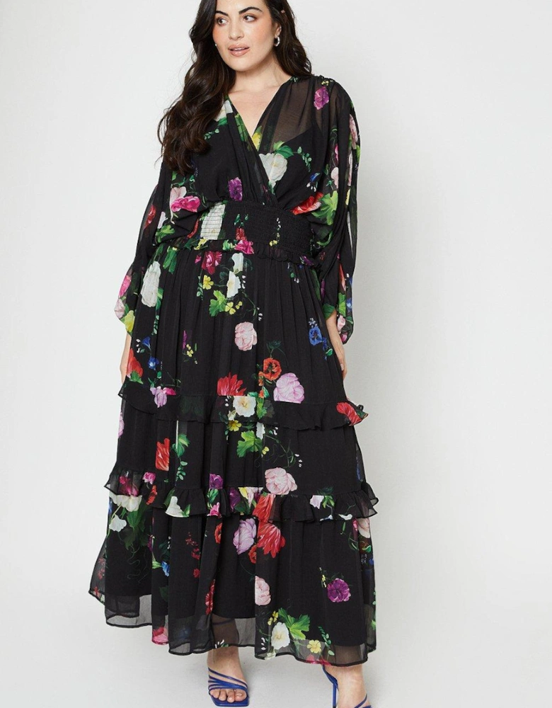 Plus Size Ruched Sleeve Tiered Maxi Dress