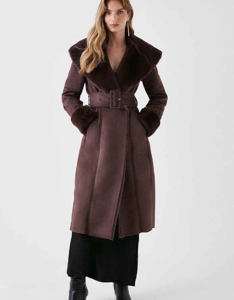 Faux Shearling Collar Belted Long Coat