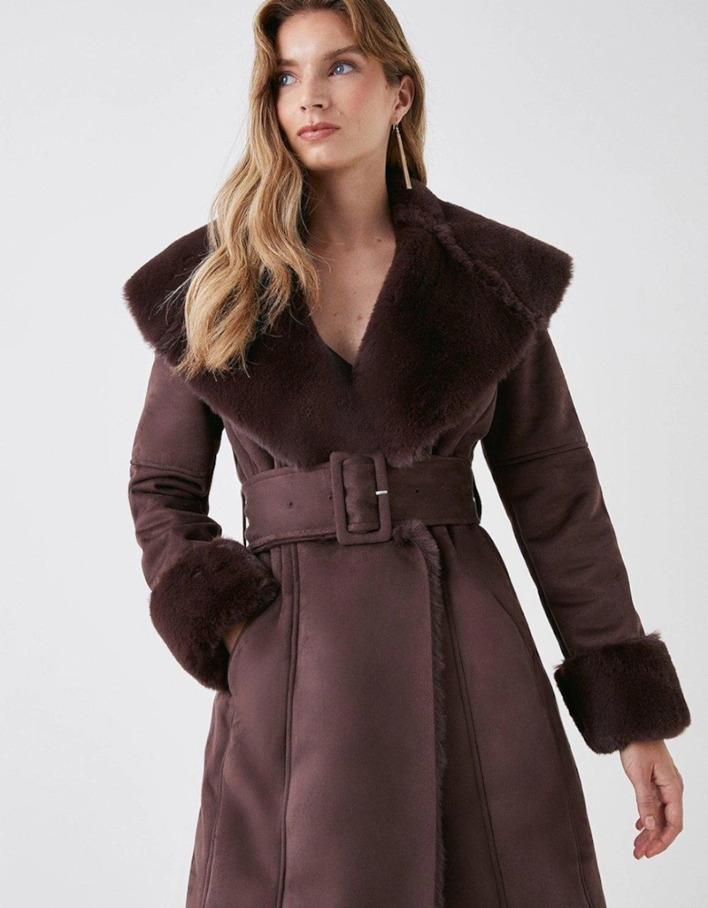 Faux Shearling Collar Belted Long Coat