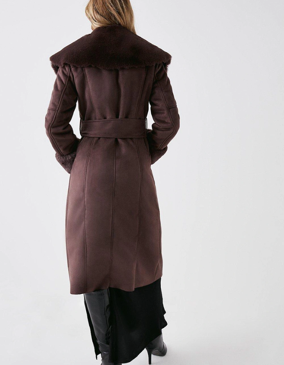 Faux Shearling Collar Belted Long Coat