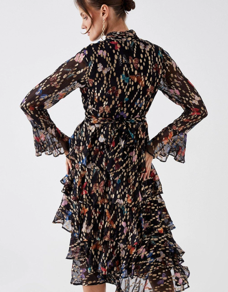 Julie Kuyath Metallic Tiered Skirt Wrap Front Midi Dress