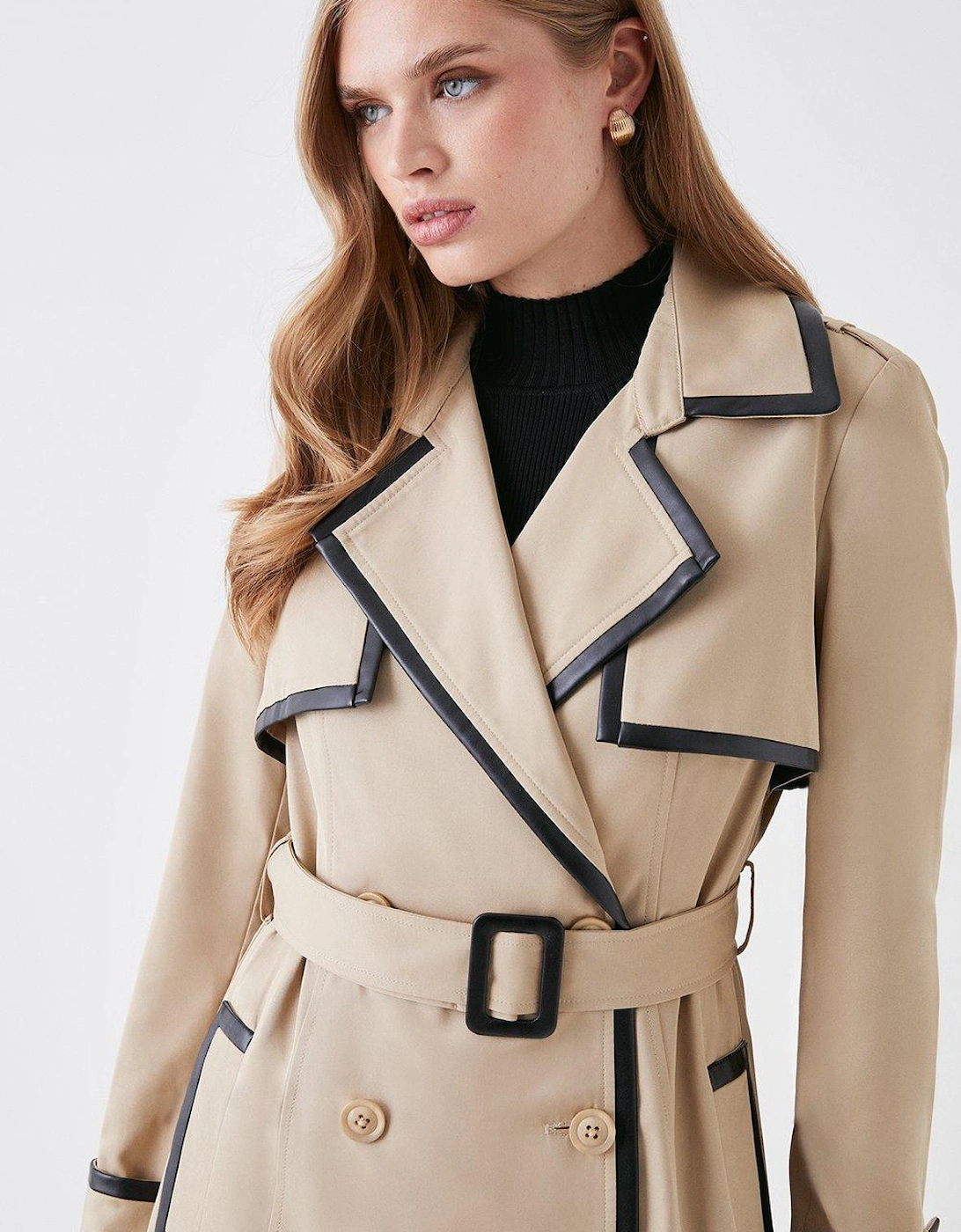 Pu Trimmed Belted Trench Coat