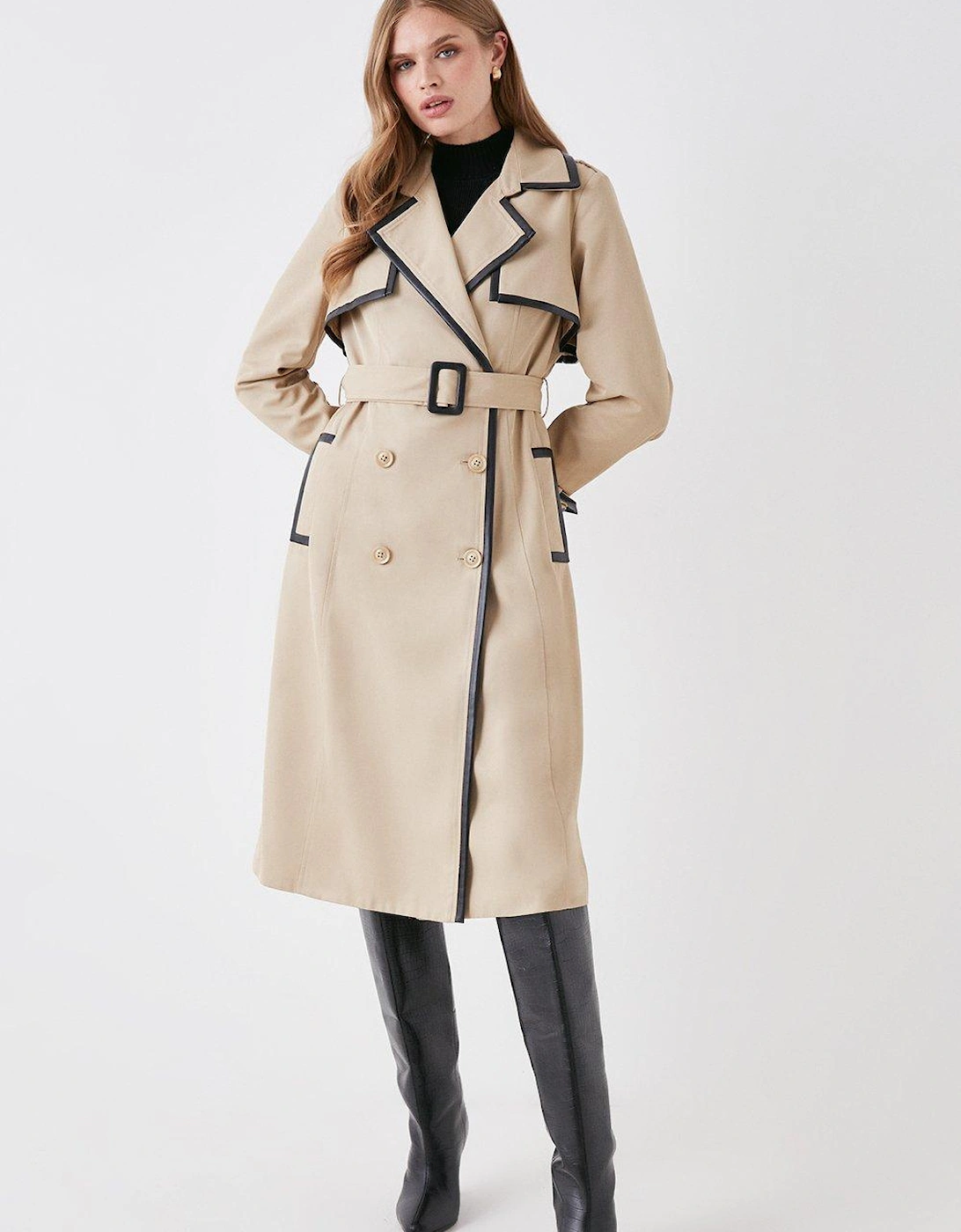 Pu Trimmed Belted Trench Coat, 5 of 4