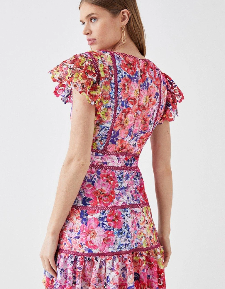 Printed Lace Mini Dress With Trims