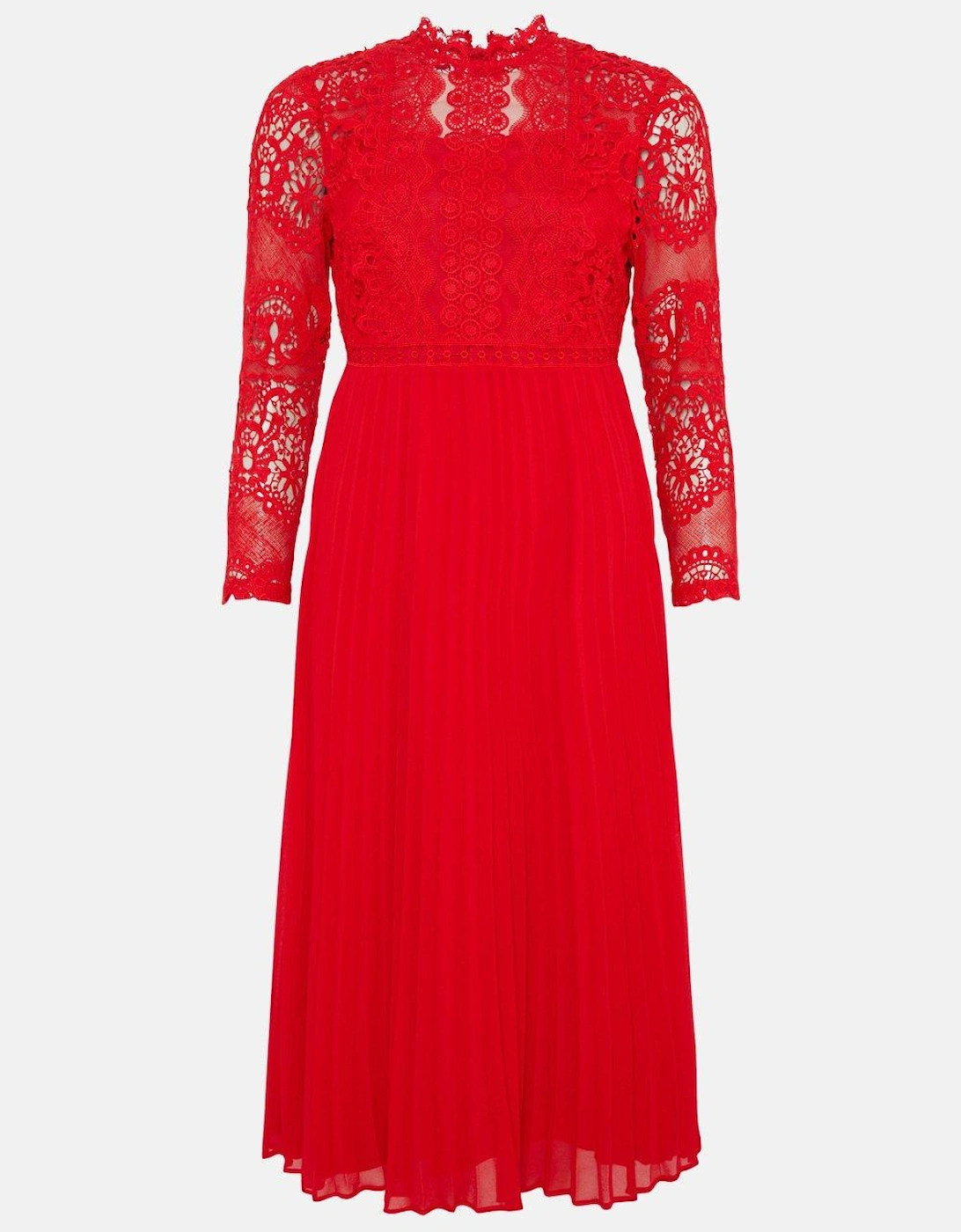 Petite Sleeved Lace High Neck Pleated Dress