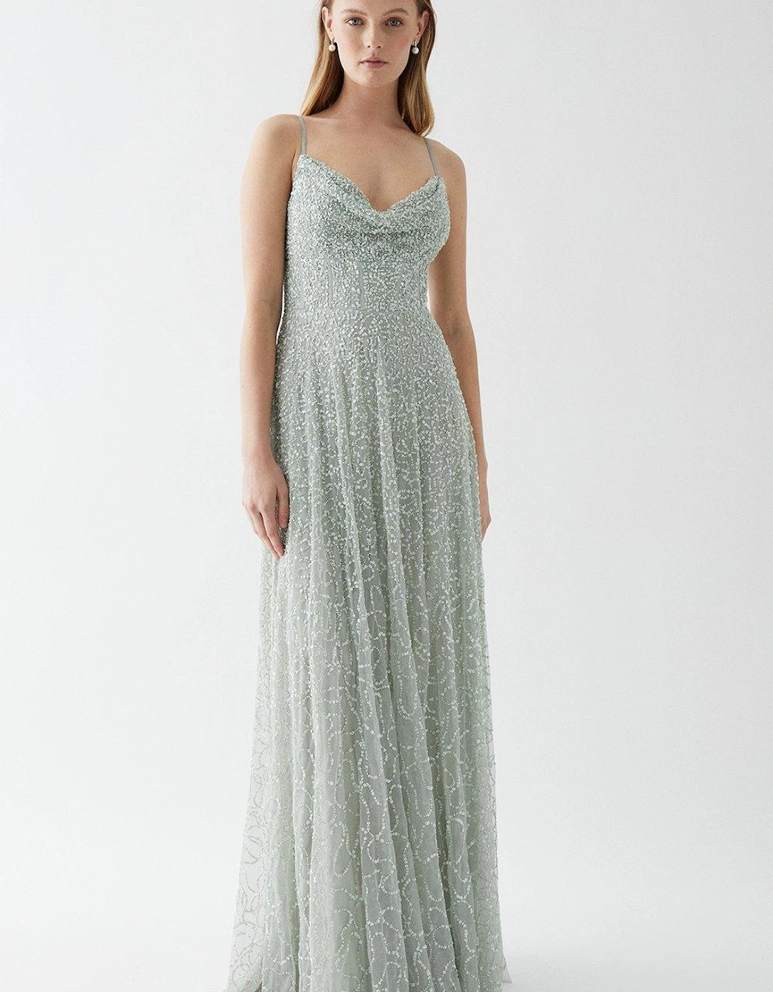 Cowl Neck Corset Full Skirted Bridesmaids Maxi Dress, 4 of 3