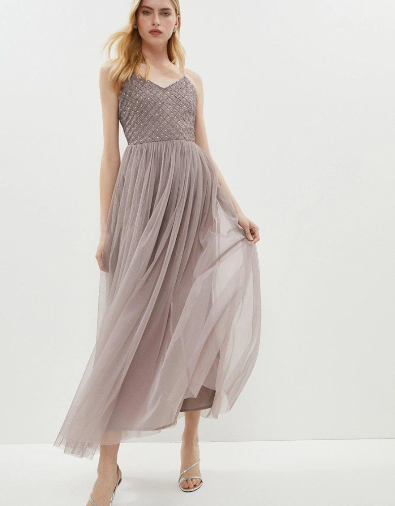 Diamond Embellished Tulle Cami Maxi Dress