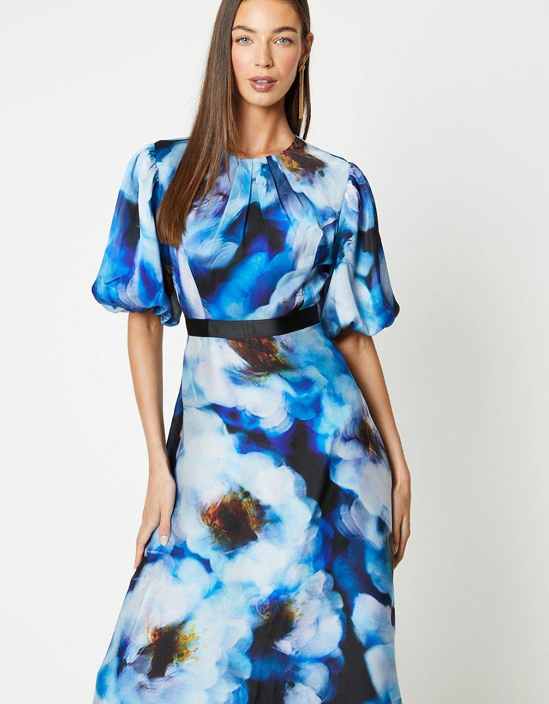 Puff Sleeve Fluid Skirt Midi Dress