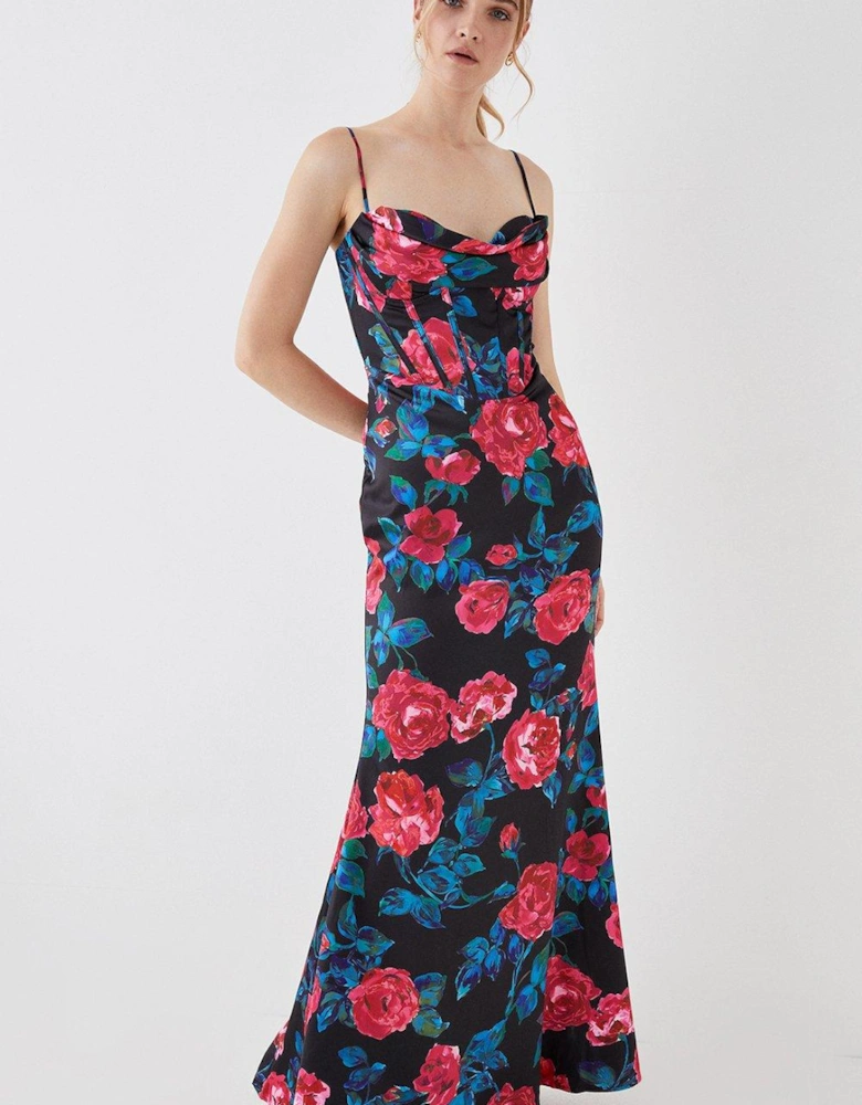 Rose Print Corset Cowl Front Gown