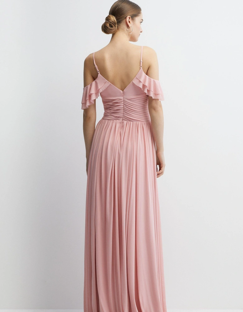 Cold Shoulder Stretch Mesh Full Skirted Bridesmaids Maxi Dress