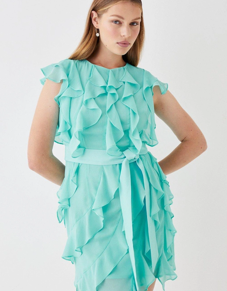 Ruffle Chiffon Belted Mini Dress