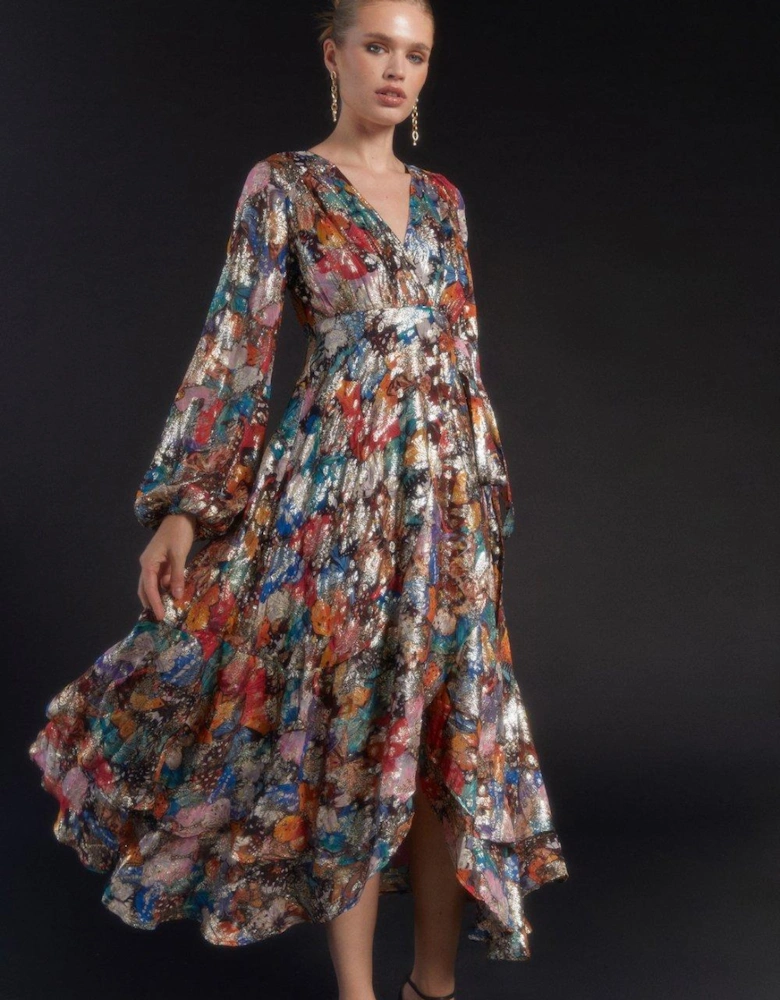 Julie Kuyath Metallic Long Sleeve Wrap Dress