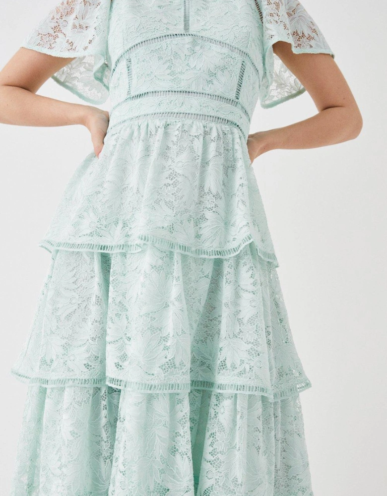 Petite Tiered Lace Dress With Flutter Sleeve & Trims